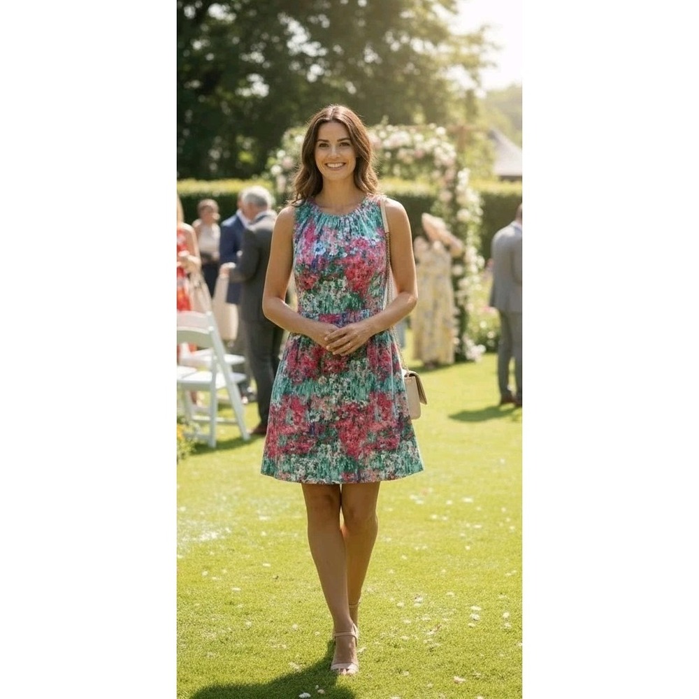 Talbots Cottagecore Watercolor Summer Wedding Guest Classic Garden Floral Dress